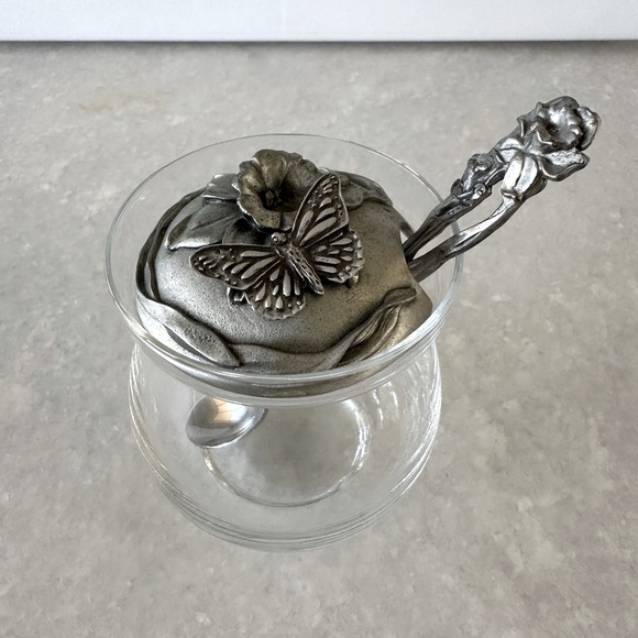 Seagull Pewter and Glass Daffodil and Butterfly Serving Jar with Spoon - Picture 2 of 4